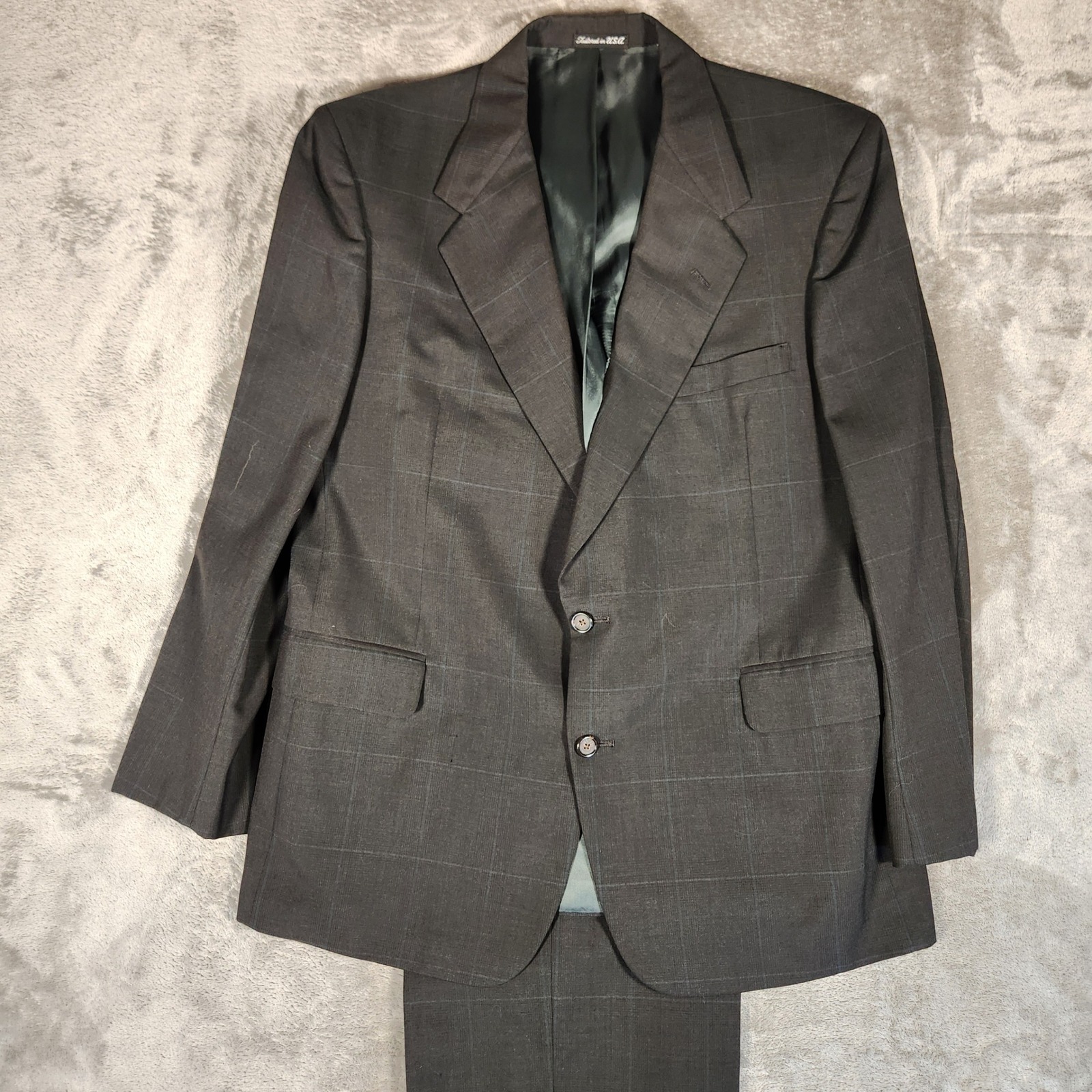 Tom James Suit Mens 44r 37x29 Charcoal Grey Excellent Windowpane Executive Usa